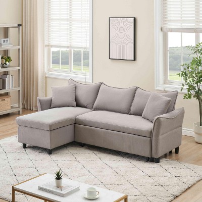VYNXARIA 80-inch corduroy L-shaped sofa comes with two small throw pillows that can be converted into a sofa bed for storage
