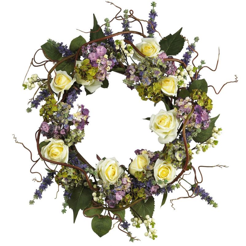 Nearly Natural 24" Hydrangea Rose Wreath, 1 of 2