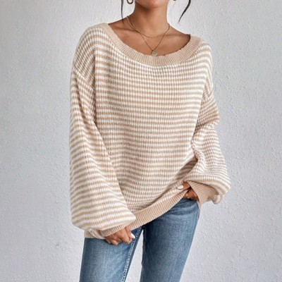 Women's Long Sleeve Sweaters Casual Striped Off Shoulder Knitted Pullover Sweater