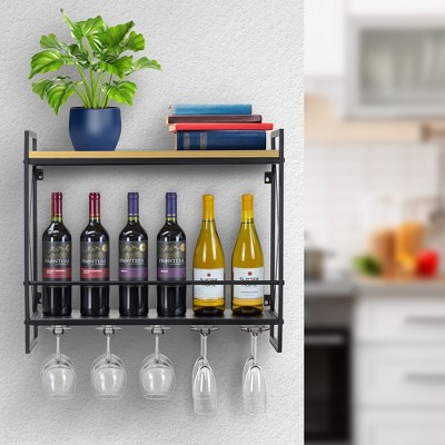 Elegant 2-Tier Black Melamine & Steel Wine Rack with Glass Holder