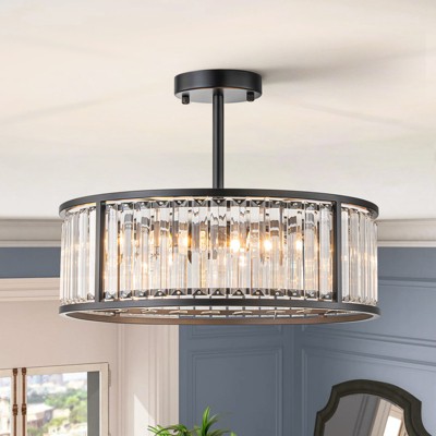 Rennnsan Jonnelle 16"W 4-Light Drum Crystal Modern Glam Dimmable Semi Flush Mount in Black