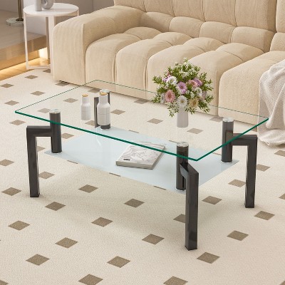 CAVINAS Coffee Tables for Living Room Modern Rectangle Coffee Table Clear Glass Tabletop Side Center Tables for Apartments