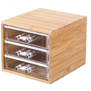 Bamboo Cotton Swab & Ball Organizer w/ 3 Acrylic Drawers, Lightweight Nonslip Bathroom Storage Box for Q-Tips, Cotton Balls & Personal Care Essentials - 1 of 3