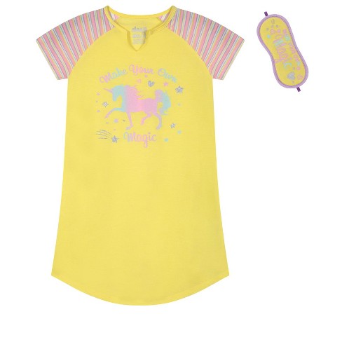 Sleep On It Girls Unicorn Magic Pajama Sleep Shirt With Matching Sleep Mask  - Yellow, L(14/16) : Target