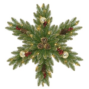 National Tree Company Pre-Lit Artificial Christmas Hanging Snowflake, Green, Dunhill Fir, with Pine Cones, Berry Clusters, Frosted Branches,32 Inches - 1 of 3