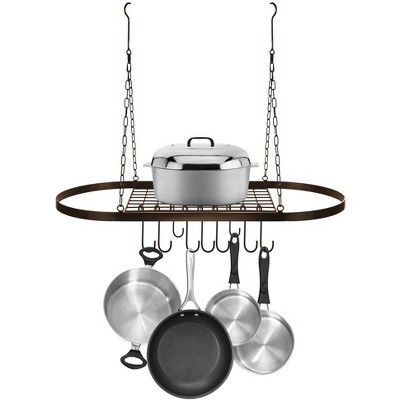 Bronze Oval Metal Ceiling Pot and Pan Rack with Hooks