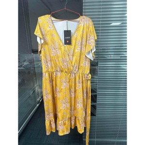 Plus Size Dress Women's Ruffle Sleeve Wrap V Neck Tie Waist A Line Mini Dress with Pockets Plus Size Dress for Curvy Women YellowF 1XL - 1 of 1