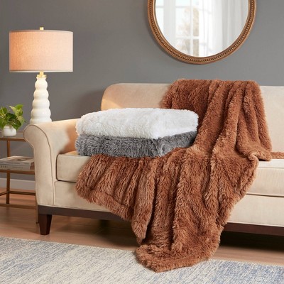 Ivory Faux Fur and Velvet Reversible Throw Blanket 50x60"