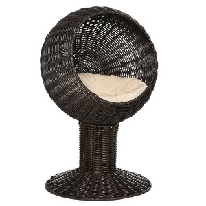 Munora 27" Rattan Wicker Elevated Cat House - Kitty Scratch House with Cushion, 2-Position Rotating Basket, Brown - 1 of 4