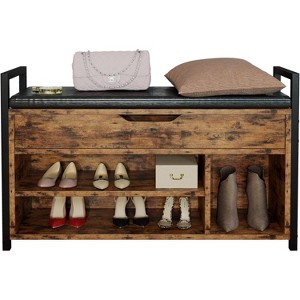 Industrial Shoe Storage Bench with Lift Top - Metal and Wood Entryway Bench with 2-Tier Shoe Rack, Functional Hallway Organizer - 1 of 4