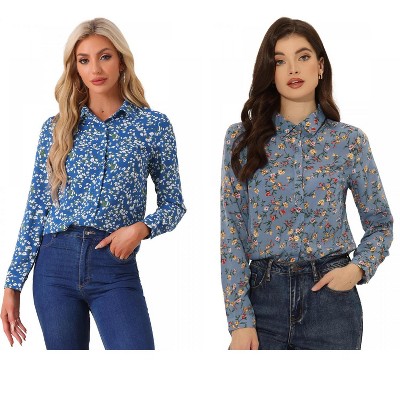 INSPIRE CHIC Women's Point Collar Long Button Sleeve Button Down Floral Shirt 2 Packs