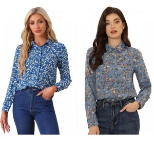 INSPIRE CHIC Women's Point Collar Long Button Sleeve Button Down Floral Shirt 2 Packs - 1 of 4