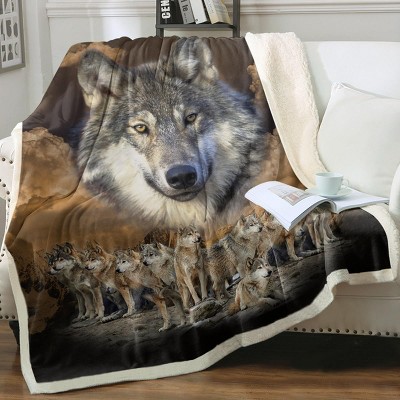 Boersma Native American Wolf  Throw Blanket - Gold Indian Wolf Design, Ultra Soft Plush & Warm Cozy Blanket, 60x80 Inches
