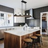 LNC Holmes 5-Lights 43" Farmhouse Linear Kitchen Island Pendant  Lights, Matte  Black and Brown Wood with 4 Seeded Glass Shades - 4 of 4