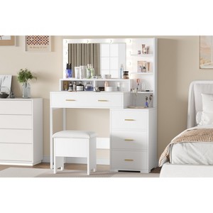 COZONY Vanity Desk with Mirror, Lights & Chair - Makeup Vanity Table with 4 Drawers, Cabinet & Shelves for Bedroom - 1 of 4