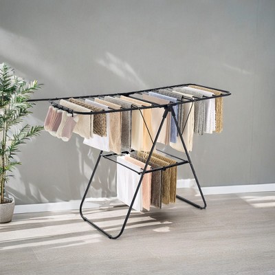 Black Metal Foldable Clothes Drying Rack with Sock Clips