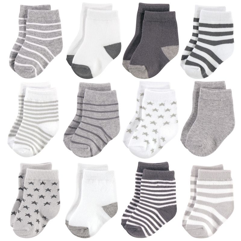 Hudson Baby Infant Unisex Cotton Rich Newborn and Terry Socks, Gray White Star, 1 of 15