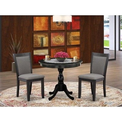 East West Furniture 3-Piece Dining Room Set Consists of a Pedestal Table with Drop Leaves & 2 Light Tan Linen Fabric Dining Chairs - Antique Walnut
