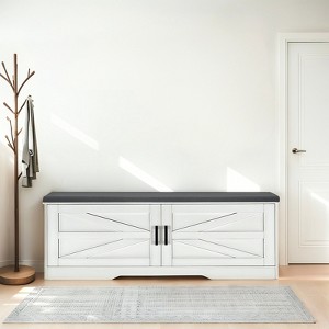 Airsurfer 2-Tier Farmhouse Shoe Bench with Cushion, Barn Doors & Adjustable Shelves, Storage Bench for Entryway, Bedroom, Living Room, White - 1 of 4