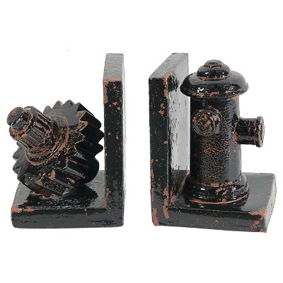 Ceramic Gear and Fire Hydrant Bookend Set - Black