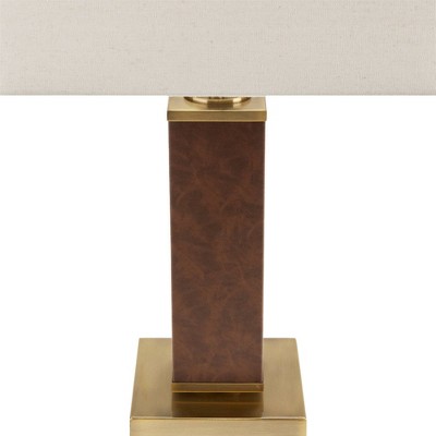 22" Brown Faux Leather Table Lamp with Gold Base and Ivory Shade