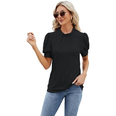 Women's Embroidery Mock Neck Blouse Lantern Sleeve Vintage Ruffle Neck Elegant Eyelet Tops
