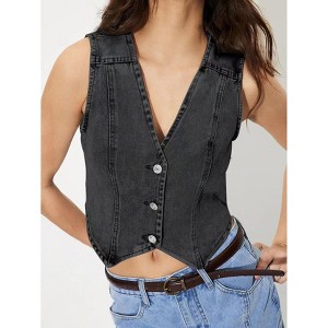 Women's V-Neck Sleeveless Denim Vest for Casual Layered Outfits - 1 of 4