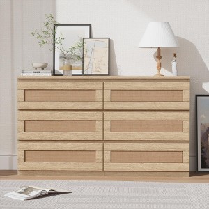 Garvee Rattan 6 Drawer Dresser, Modern Farmhouse Storage Chest with Natural Rattan Panels, Compact Organizer for Bedroom, Entryway, Nursery - 1 of 4