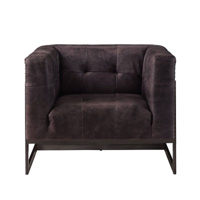 31" Antique Ebony Leather and Rustic Oak Accent Chair