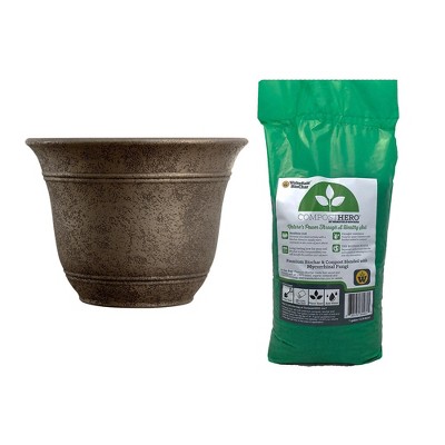 HC Companies Sierra 10 Inches Round Resin Flower Garden Planter Pot with HERO Blend 1 Gallon Biochar Organic Garden Soil Compost