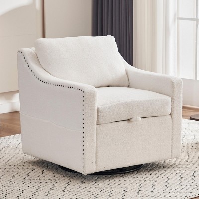 Accent Sofa Chair With Storage Function,360°Swivel Upholstered  Armchair With Pocket,Beige Linen Fabric Swivel Sofa,Single Sofa Chair-Maison Boucle