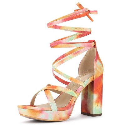 Allegra K Women's Opened Toe Tie Dye Platform Chunky Heel Lace Up Sandals