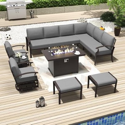 ALAULM Aluminum Patio Furniture Set Modern Metal Outdoor Conversation Sets w/45in Propane Fire Pit Table, Patio Sectional Sofa w/5.1 Inch Cushion