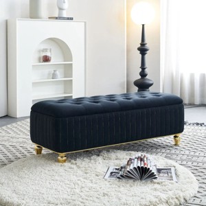 Rectangular Ottoman With Gold Decoration Strip,Velvet Bench With Storage ,Upholstered Storage Benches,Benches For Living Room-Cuddlewood - 1 of 4
