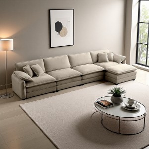 150.38" Corduroy L-Shaped Modular Sectional Sofa with Double-Layer Cushions & Ottomans - 1 of 4