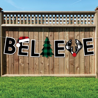 Big Dot of Happiness Holiday Plaid Trees - Buffalo Plaid Christmas Party Decorations - Believe - Outdoor Letter Banner