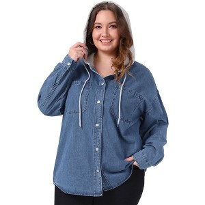 Agnes Orinda Women's Plus Size Jeans Hooded Color Block Button Down Long Sleeve Denim Shacket Jacket with Pockets - 1 of 4