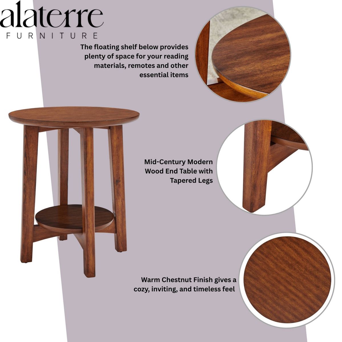 Monterey Round Mid Century Modern Wood End Table Chestnut - Alaterre Furniture: Tapered Legs, Floating Shelf - thumbnail 3
