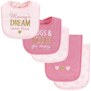 Hudson Baby Infant Girl Cotton Terry Bib and Burp Cloth Set, Mom Dad Dream, One Size - 1 of 4