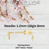 Heart Dangle CZ Flat Back Earrings for Cartilage Helix Tragus Lobe 14Kt Gold Plated Sterling Silver 1 pair by Ginger Lyne - 3 of 4