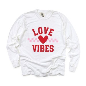 Simply Sage Market Women's Love Vibes Heart Checkered Long Sleeve Garment Dyed Tee - 1 of 3