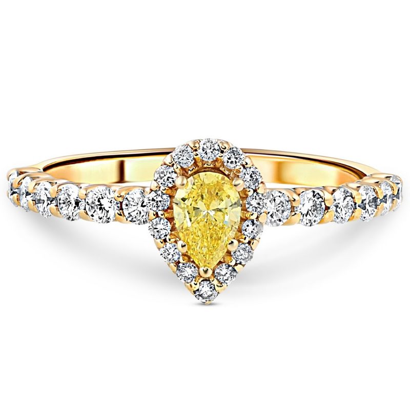 Pompeii3 3/4CT Fancy Yellow Pear Lab Created Diamond Halo Engagement Ring Yellow Gold, 1 of 6