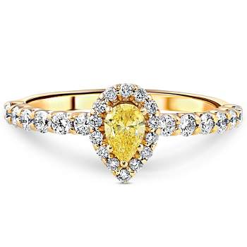 Pompeii3 3/4CT Fancy Yellow Pear Lab Created Diamond Halo Engagement Ring Yellow Gold