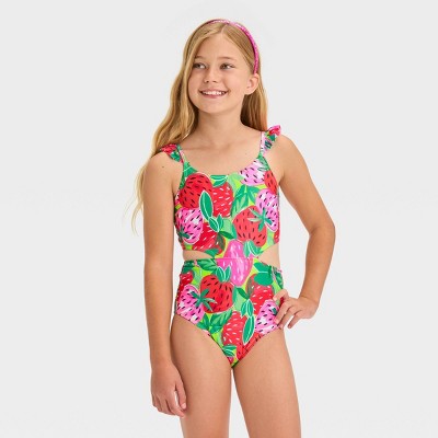 Girls' 'painted Garden' Floral Printed One Piece Swimsuit - Art