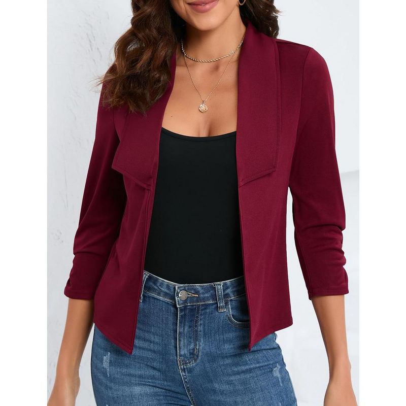 Whizmax Women's 3/4 Sleeve Blazer Casual Open Front Cardigan Shrugs Ruched Sleeve Office Cropped Blazer Jacket, 2 of 8