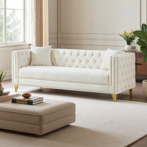 80" Chesterfield Velvet 3-Seater Deep Seat Sofa with Button Nailhead & Square Arm - 1 of 4