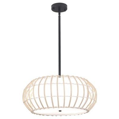 PAKOKULA Boho 3-Light Black Farmhouse Chandelier with Rattan Cage and White Drum Fabric Shade