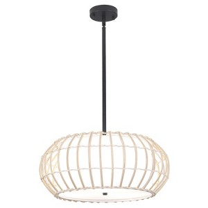 PAKOKULA Boho 3-Light Black Farmhouse Chandelier with Rattan Cage and White Drum Fabric Shade - 1 of 4