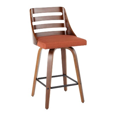 Set of 2 Orange Upholstered Walnut Wood Swivel Counter Stools