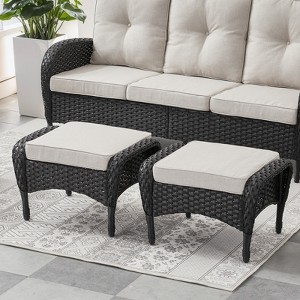 POCASSY Outdoor Ottomans Set of 2 with Cushion, Black Wicker Patio Footrest with All Weather Wicker Rattan and Beige Cushion - 1 of 4